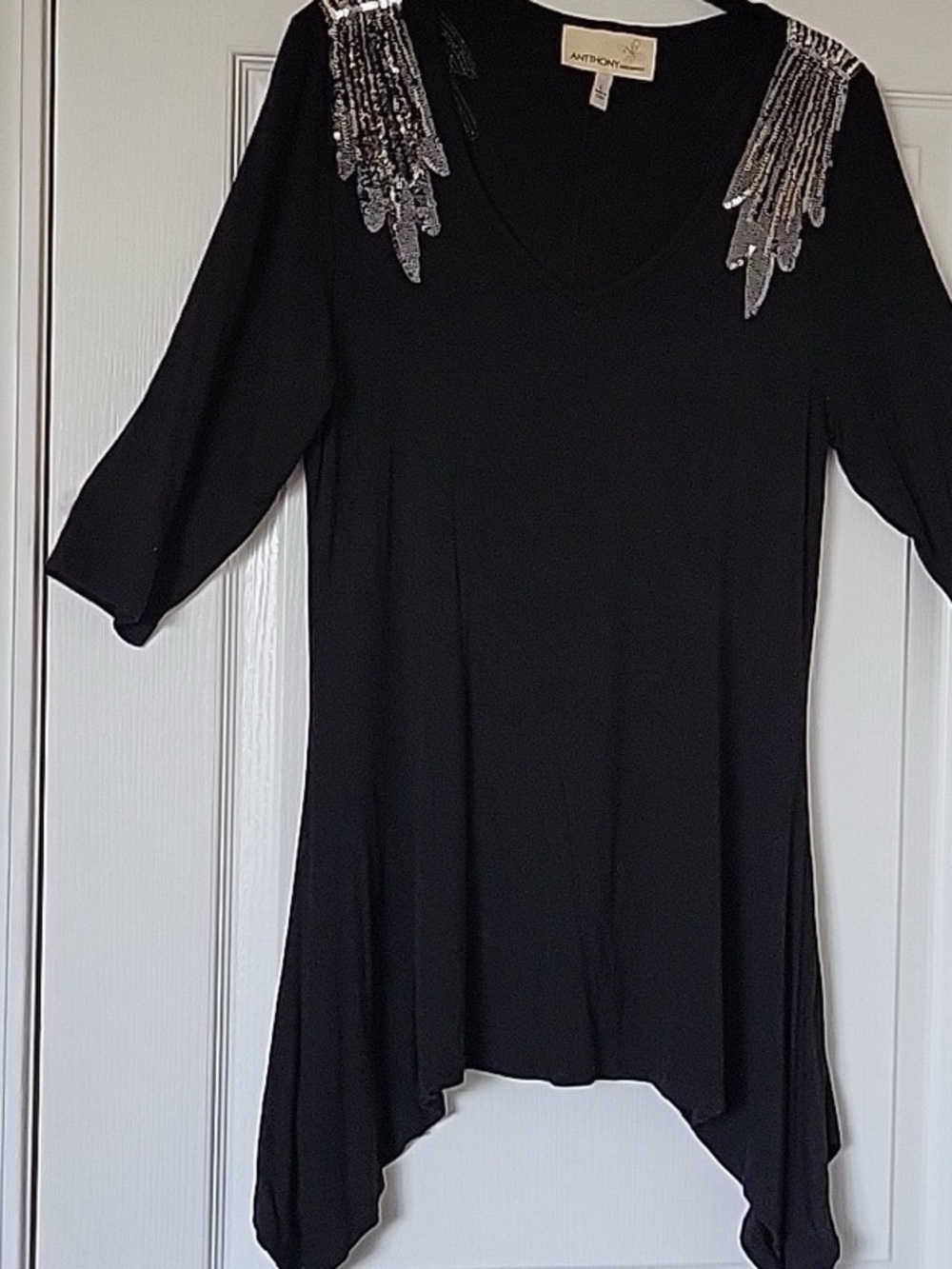 Anthony Richards Black V-Neck Tunic with Silver Sequin Shoulder Detail